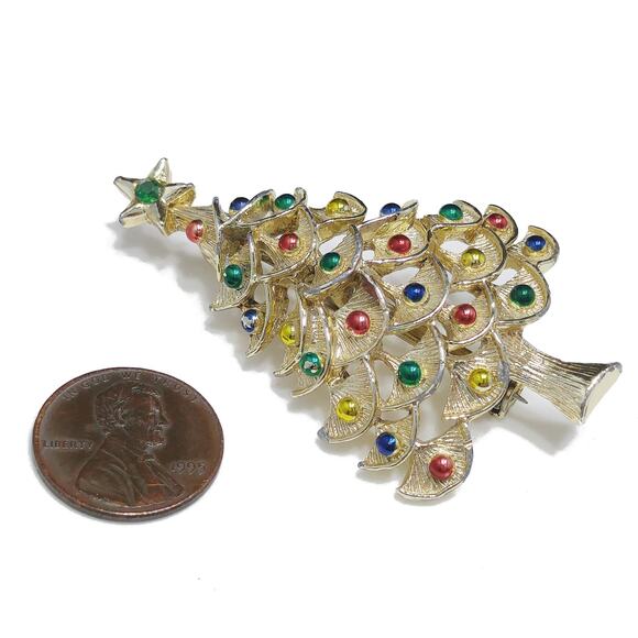 Gerry’s Christmas Tree Brooch Gold Tone Enamel Ornaments 1960s Vintage - Picture 7 of 10
